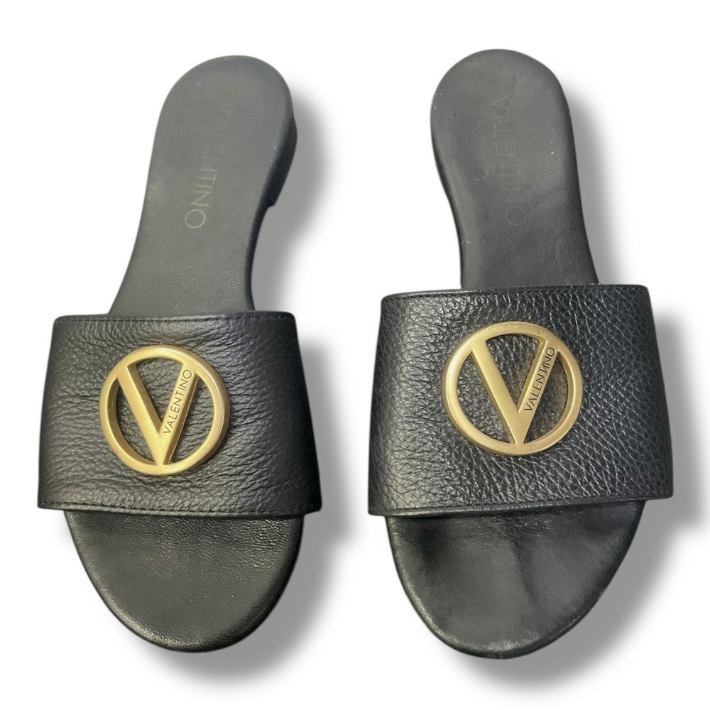Valentino Garavani VLogo Signature Black Grained Leather Flat Slide Sandals